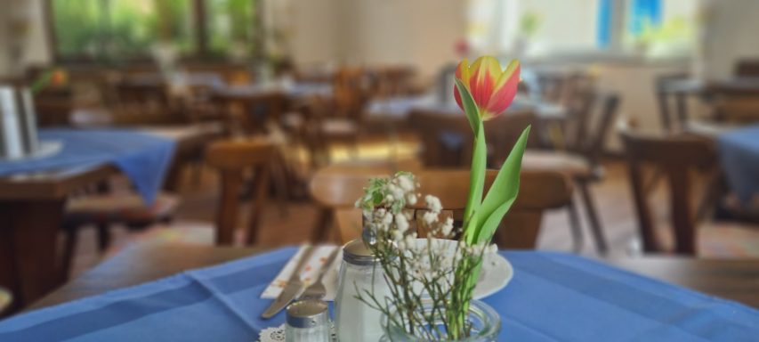 Frühstücksraum, gemütlich eingerichtet mit Holzmöbeln, Tische mit blauen Tischdecken und kleinen Blumenvasen auf den Tischen mit Tulpen