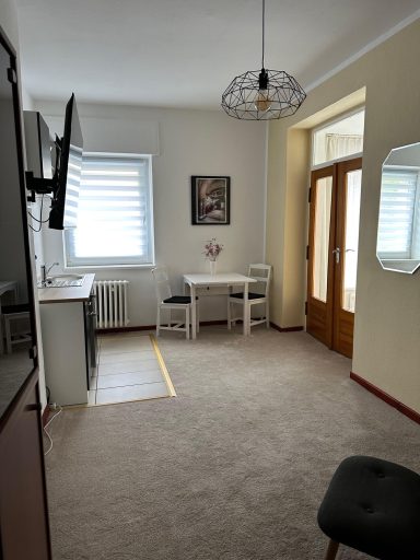 Helles Zimmer mit Tisch, Stühlen, Spiegel und Fenstern, Teppichboden.